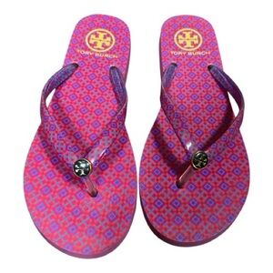 Tory Burch Sz 8 Pink & Blue Sandals/Flip Flops with Logo Medallion